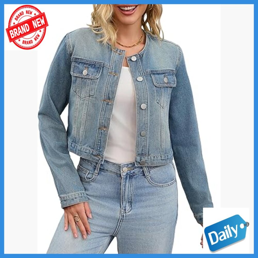 Classic Denim Jacket Collarless Button Down Long … - image 1
